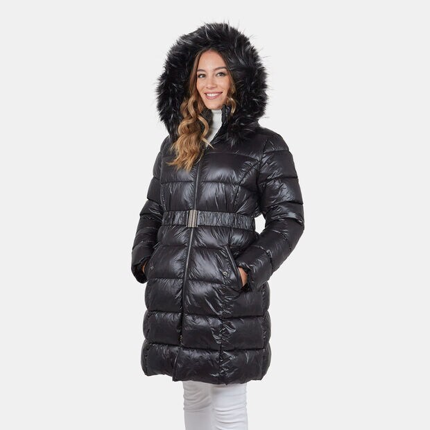 Doudoune longue pour femme avec capuche avec fourrure synth&eacute;tique , Noir