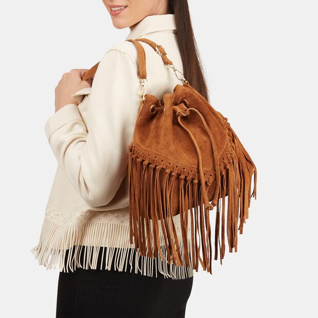 Sac seau en su&egrave;de pour femme avec franges, 