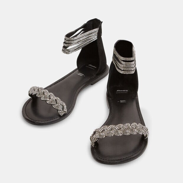 Sandali gioiello flat con cavigliera e strass applicati., Nero
