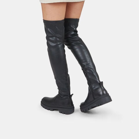 Stivale cuissard da donna in pelle con suola track, Nero