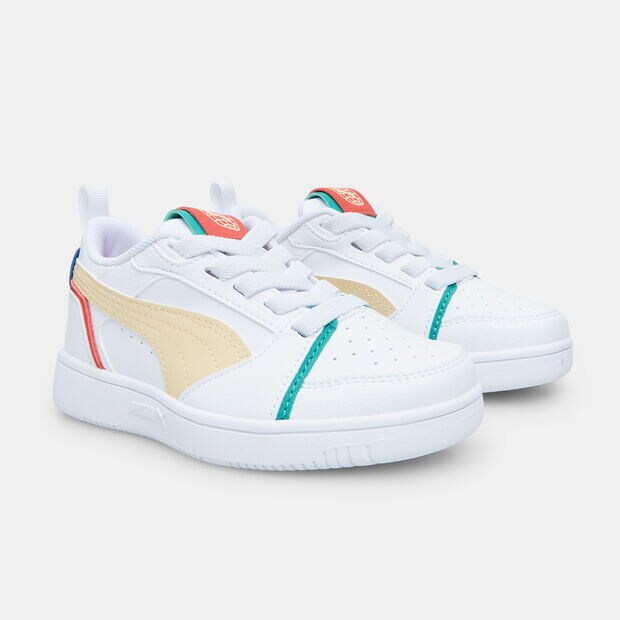Sneaker da bambini Puma Rebound V6 Lo Ready, set, better AC PS, Bianco