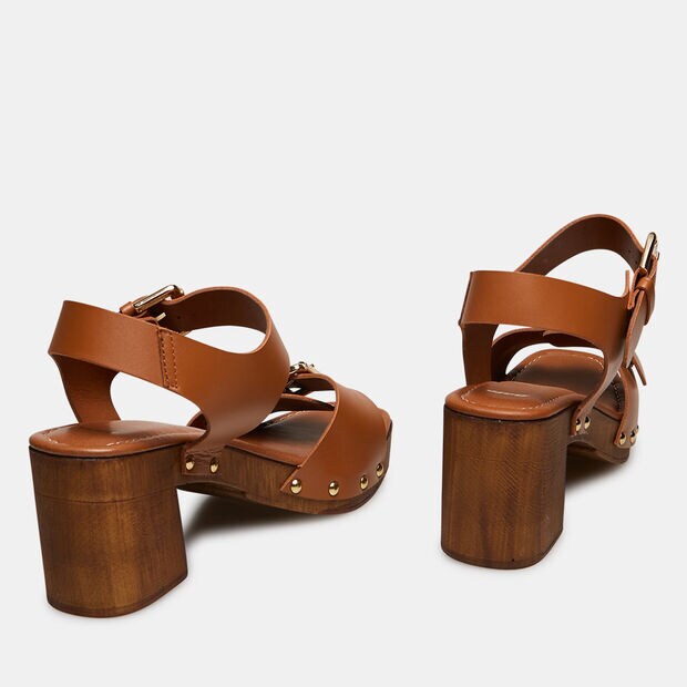 Sandali zoccolo con tacco in legno, Tan