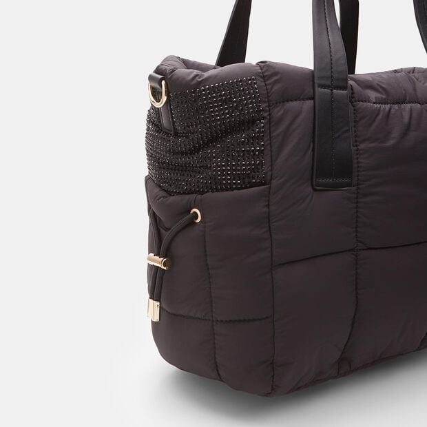 Shopper da donna con mini strass e coulisse, Nero