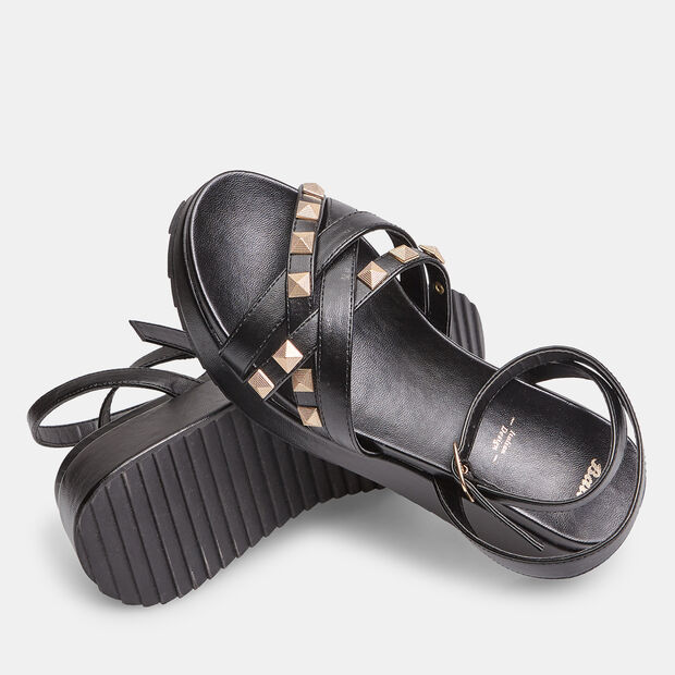 Sandali donna con zeppa e borchie, Nero