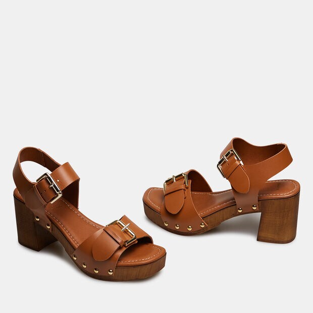 Sandali zoccolo con tacco in legno, Tan