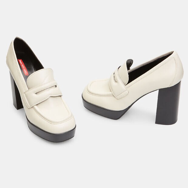 Mocassini donna con tacco largo e plateau, Bianco