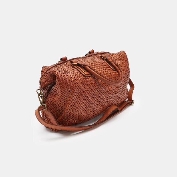 Borsa bowling in pelle intrecciata, Tan