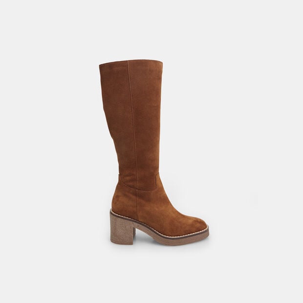 Stivale da donna in pelle scamosciata con tacco 8 cm, Marrone