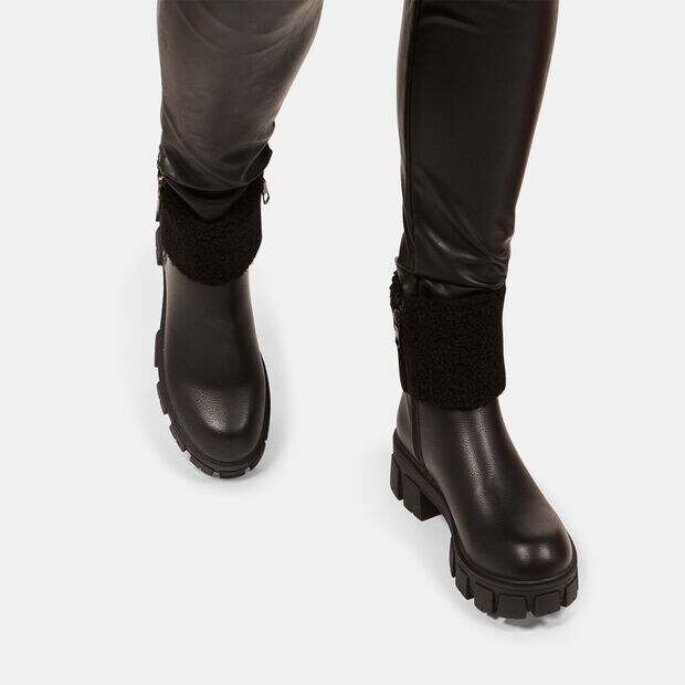 Stivaletti donna con risvolto in teddy e suola chunky, Nero
