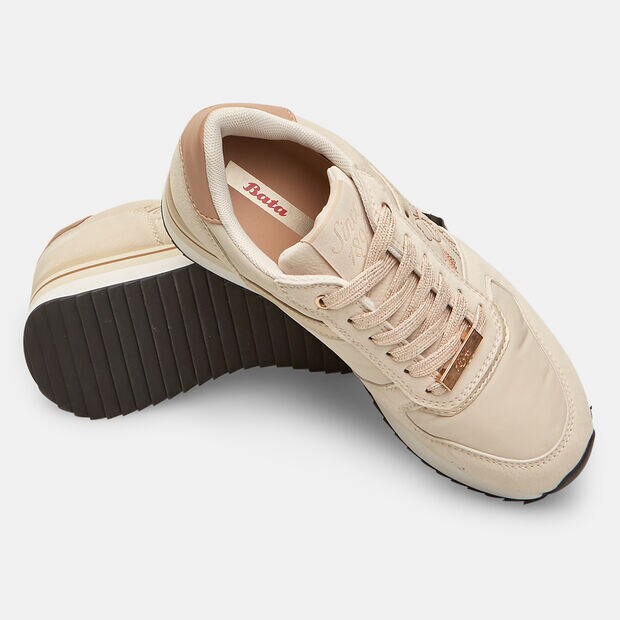 Sneaker donna in tessuto con inserti laminati, Beige