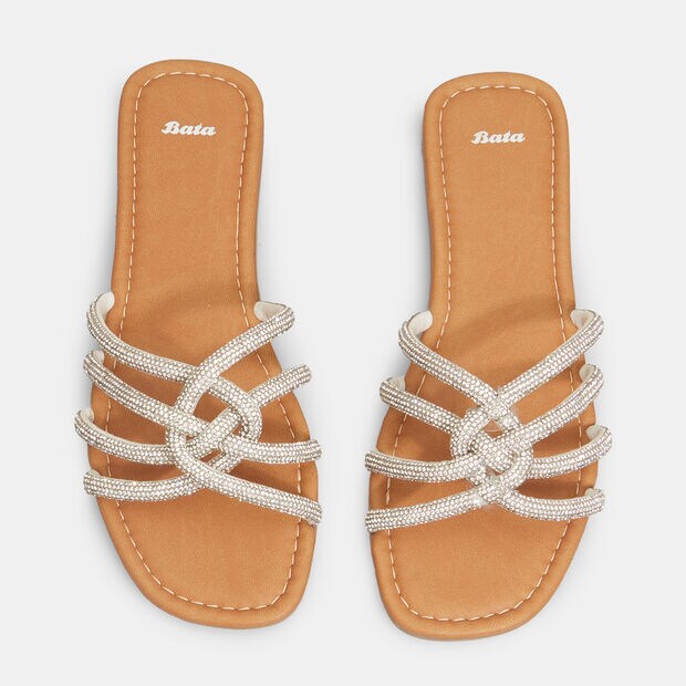 Ciabatte flat da donna con fascette con brillantini , Argento