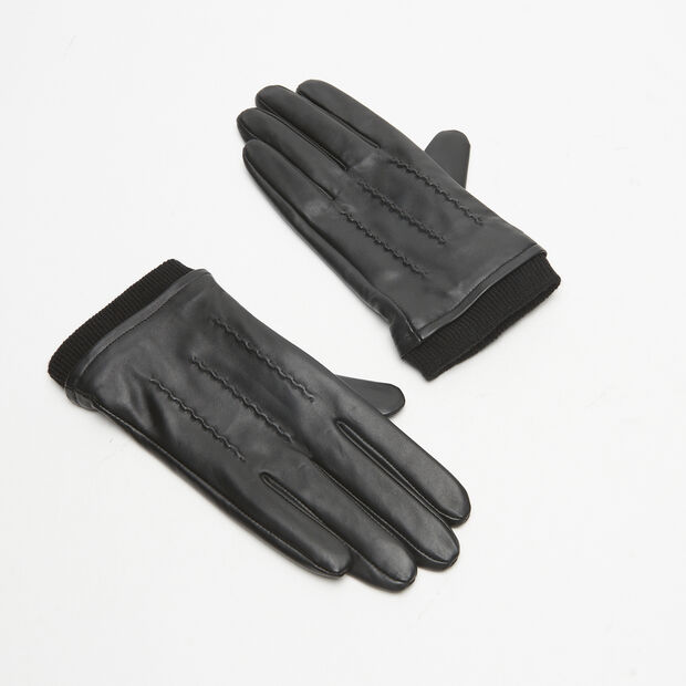 Guanto donna in pelle con polsino interno in lana, Nero