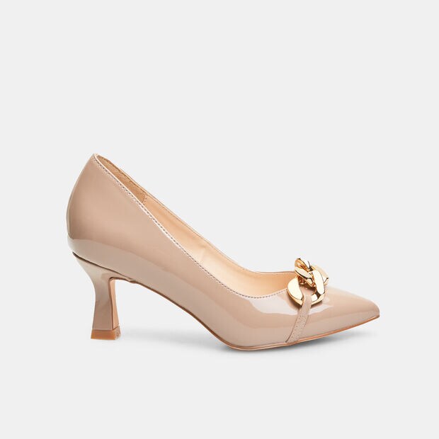 D&eacute;coll&eacute;tte donna con tacco midi e catena, Taupe