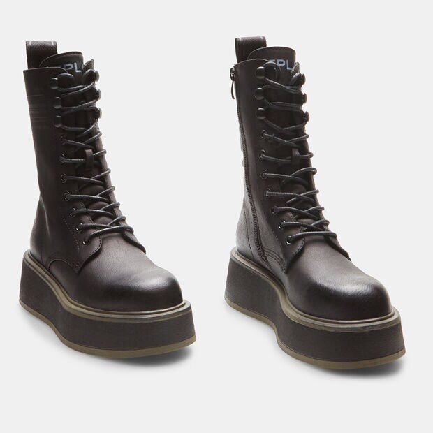 Anfibi donna in pelle con suola platform replay, Nero