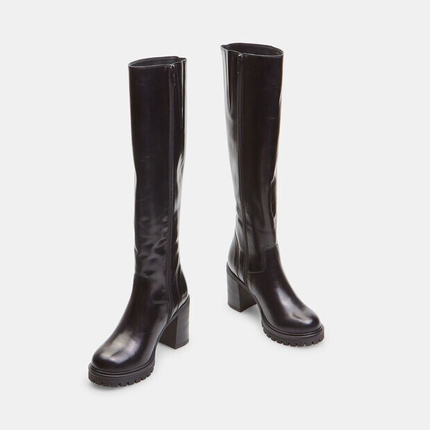 Stivali alti da donna in pelle con tacco e suola track, Nero