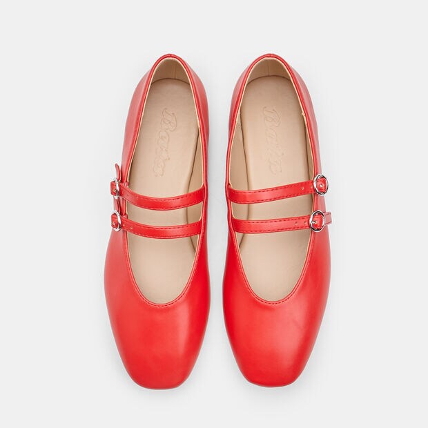 Ballerina flat da donna con due cinturini con fibbia e punta quadrata, Rossa