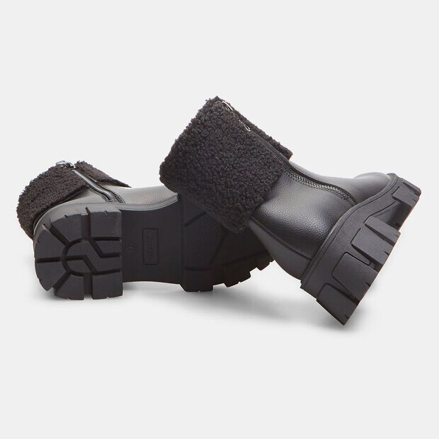 Stivaletti donna con risvolto in teddy e suola chunky, Nero
