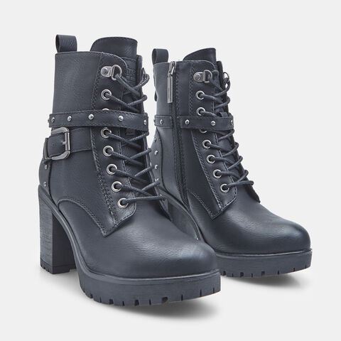 Stivaletto stringato da donna con tacco e fibbie Refresh, Nero