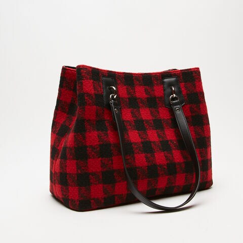 Borsa shopper in tessuto effetto tartan, Rossa