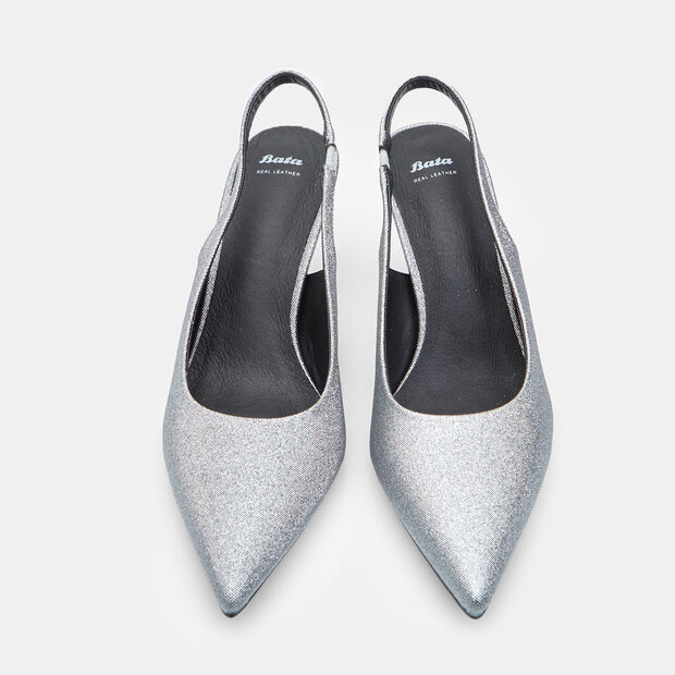 Decollet&eacute; slingback z obcasem i &scaron;pičkou Baťa, srebrny