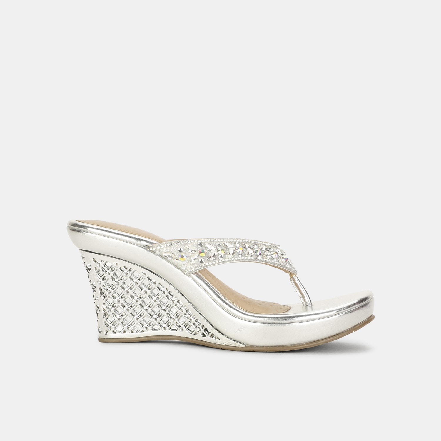 Bata red label silver embellished wedge heel thongs for women