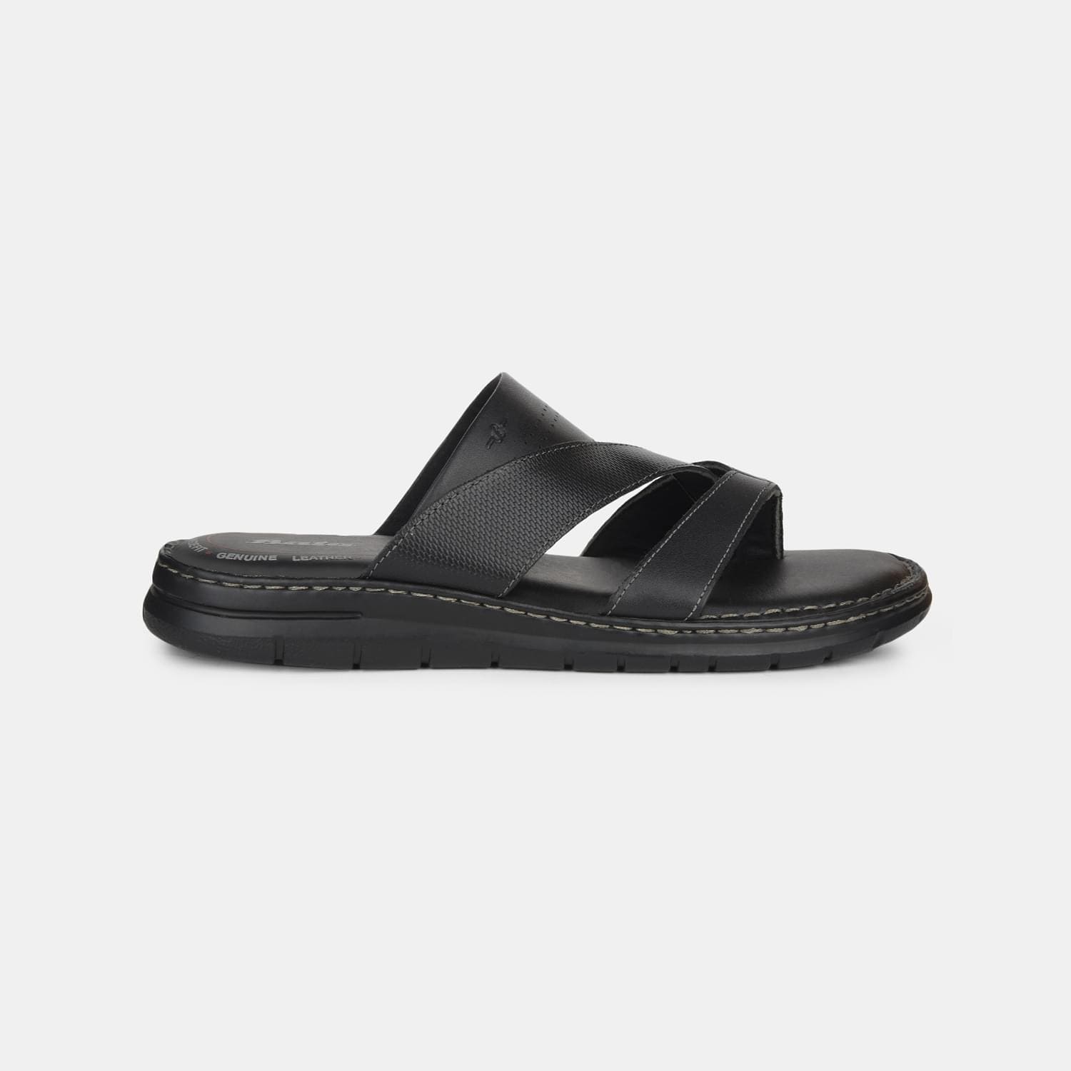 Bata black leather casual toe ring slippers for men