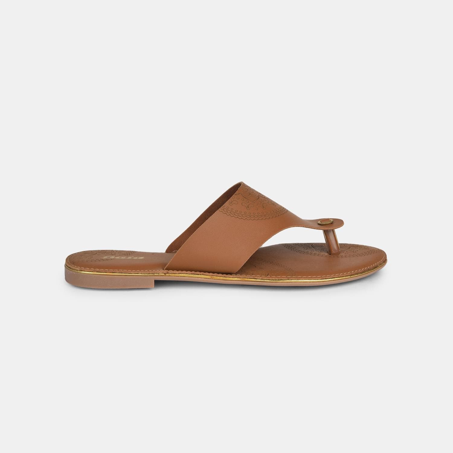 Bata tan patterned t-strap flat slippers for women