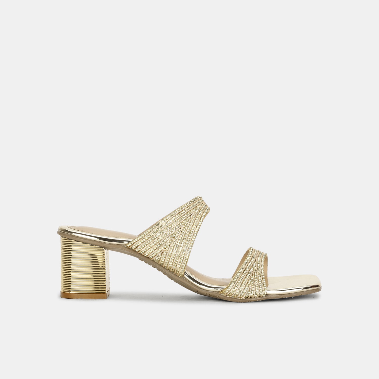 Bata red label gold embellished open toe block heel mules for women