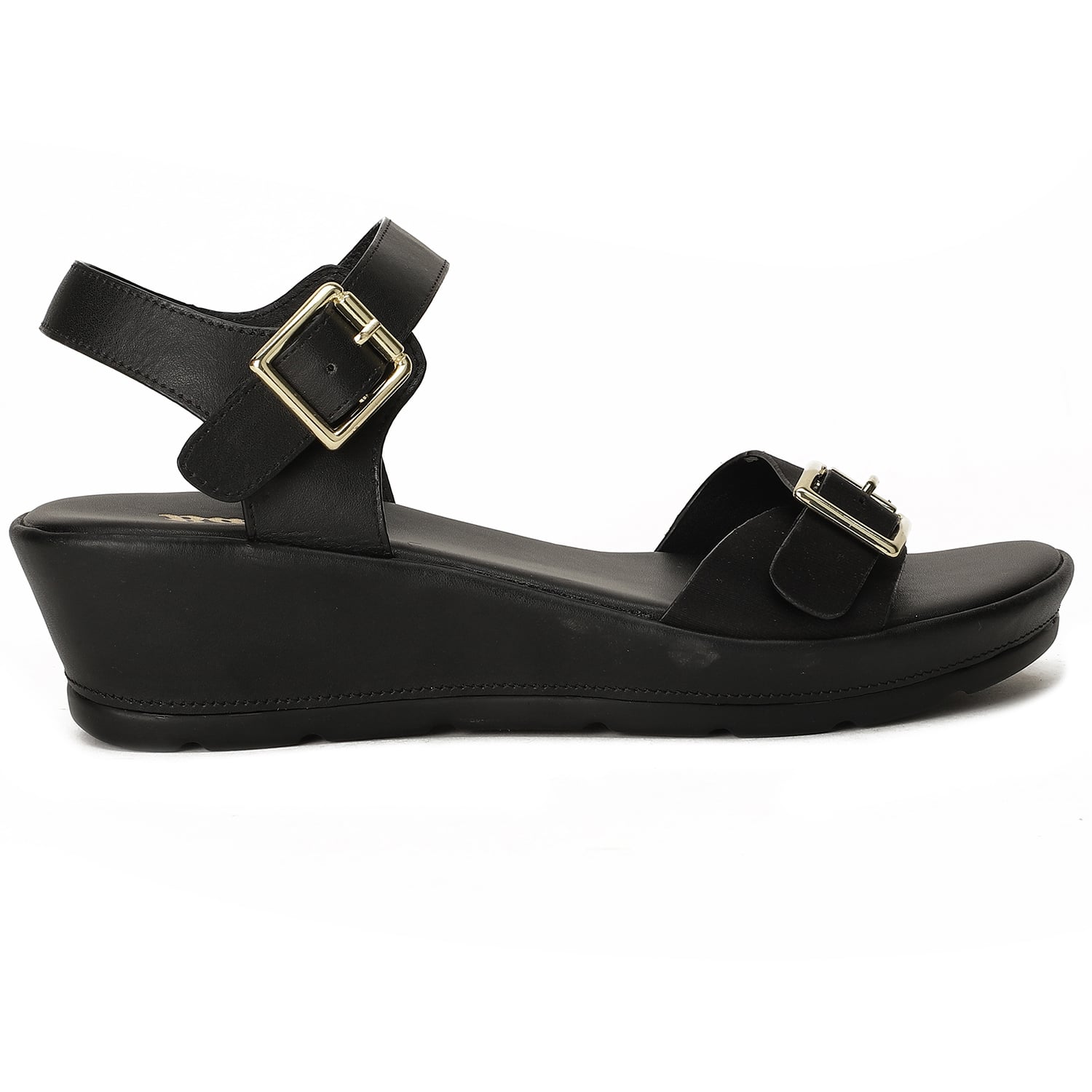 Bata black mid-heel wedge sandals with buckled straps for women