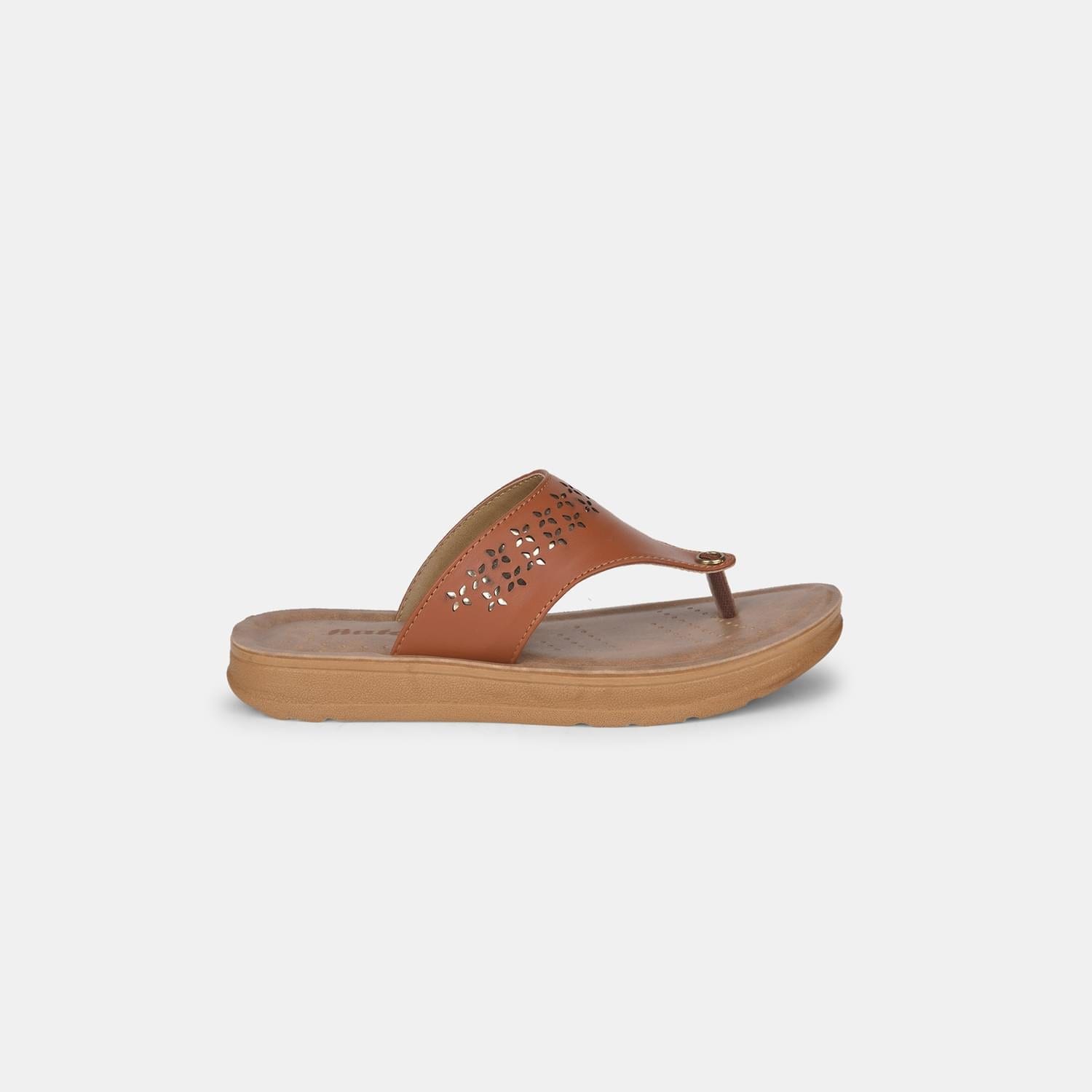 Bata light brown flat thongs with laser cutwork for women