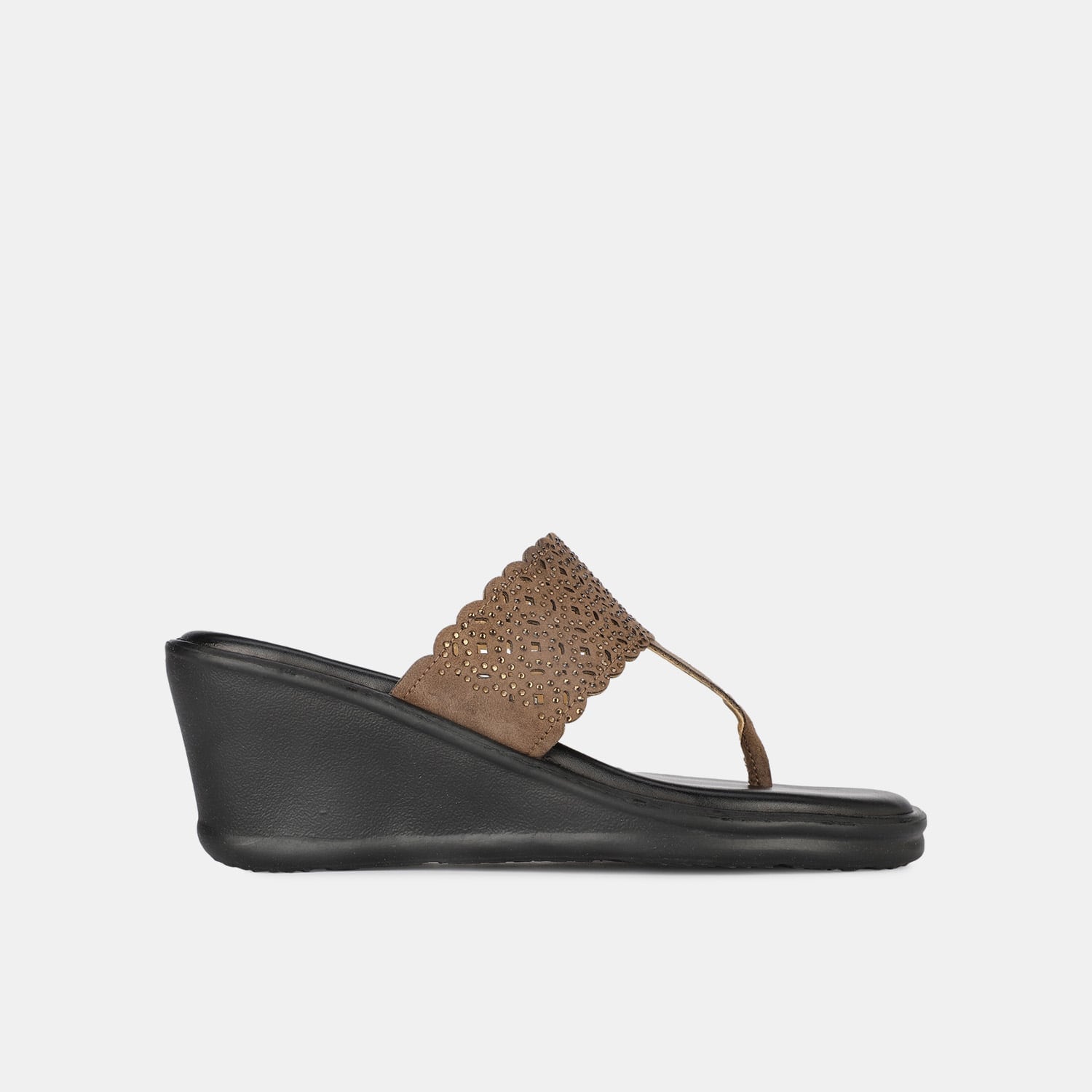 Bata brown open toe mid-heel wedge thong heels for women