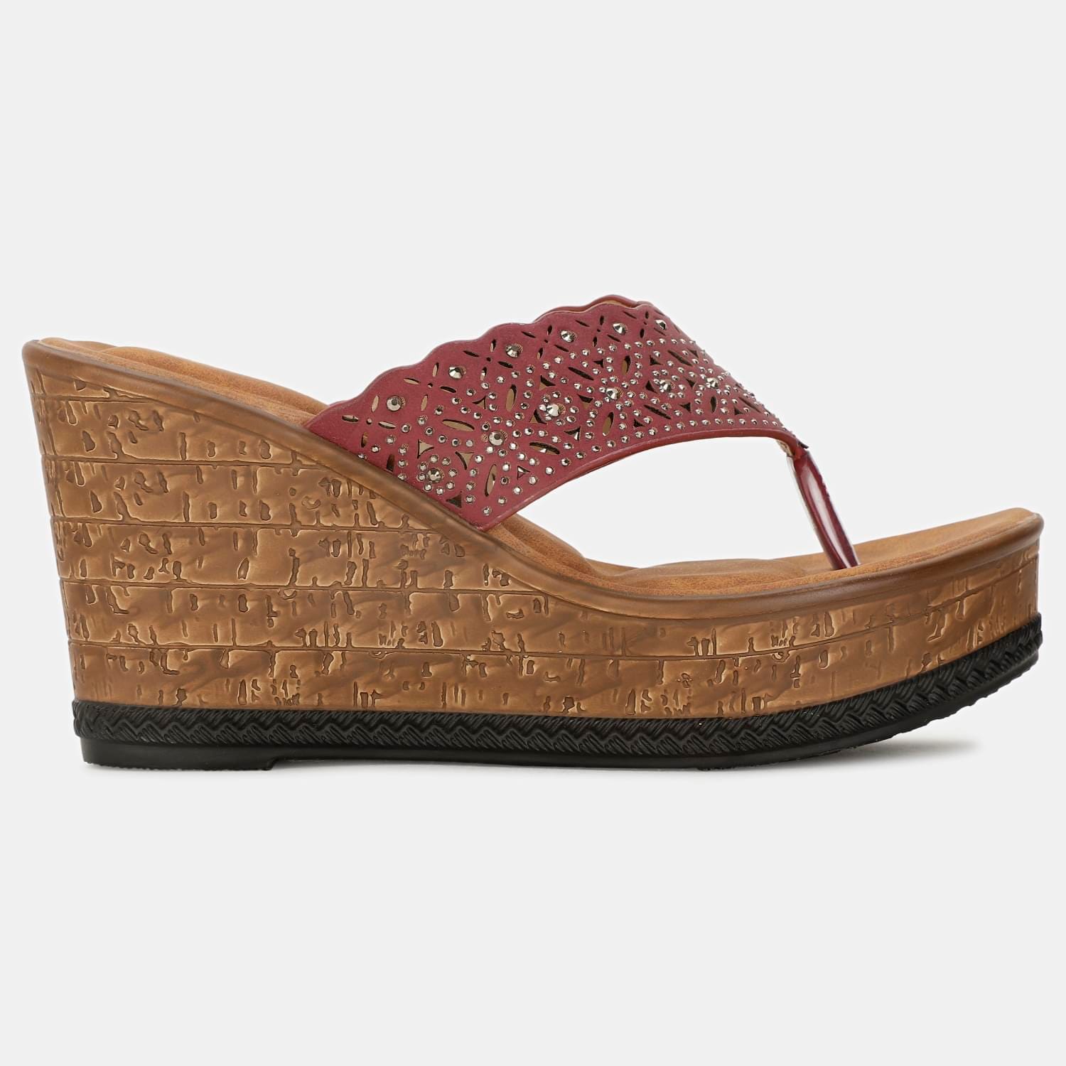 Bata maroon embellished wedge heel thongs for women