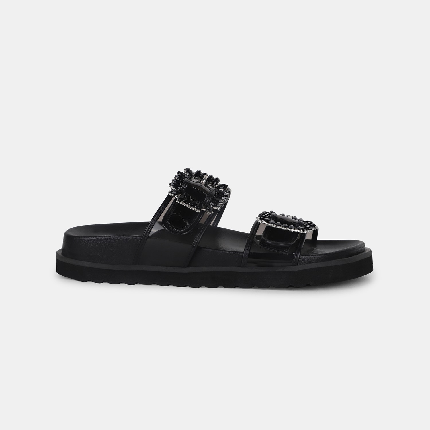 Nine west black embellished double strapped flat mules for women