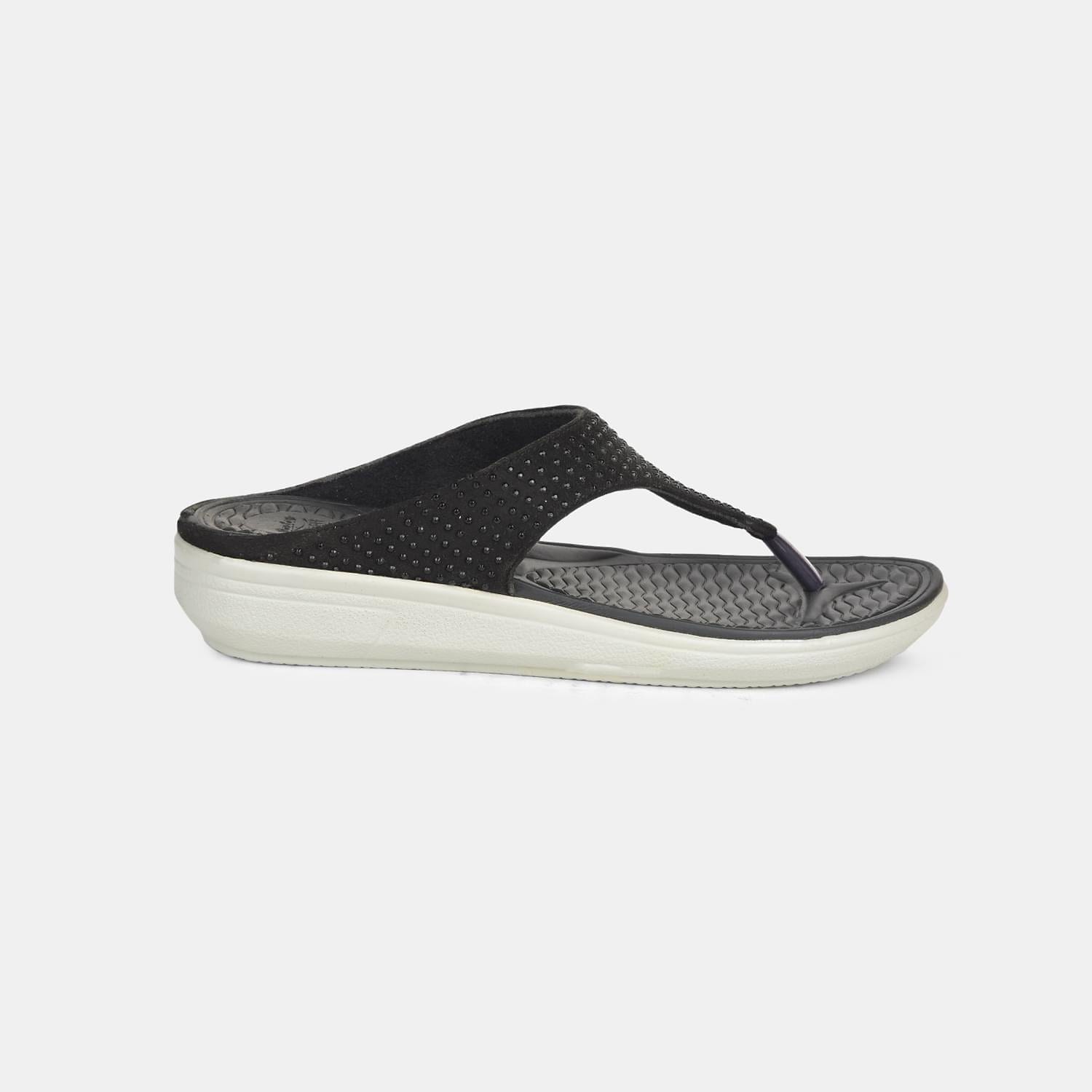 Bata Comfit black embellished casual thong slippers for women