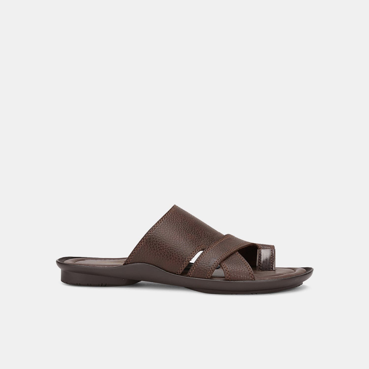 Bata brown textured toe ring casual slippers for men