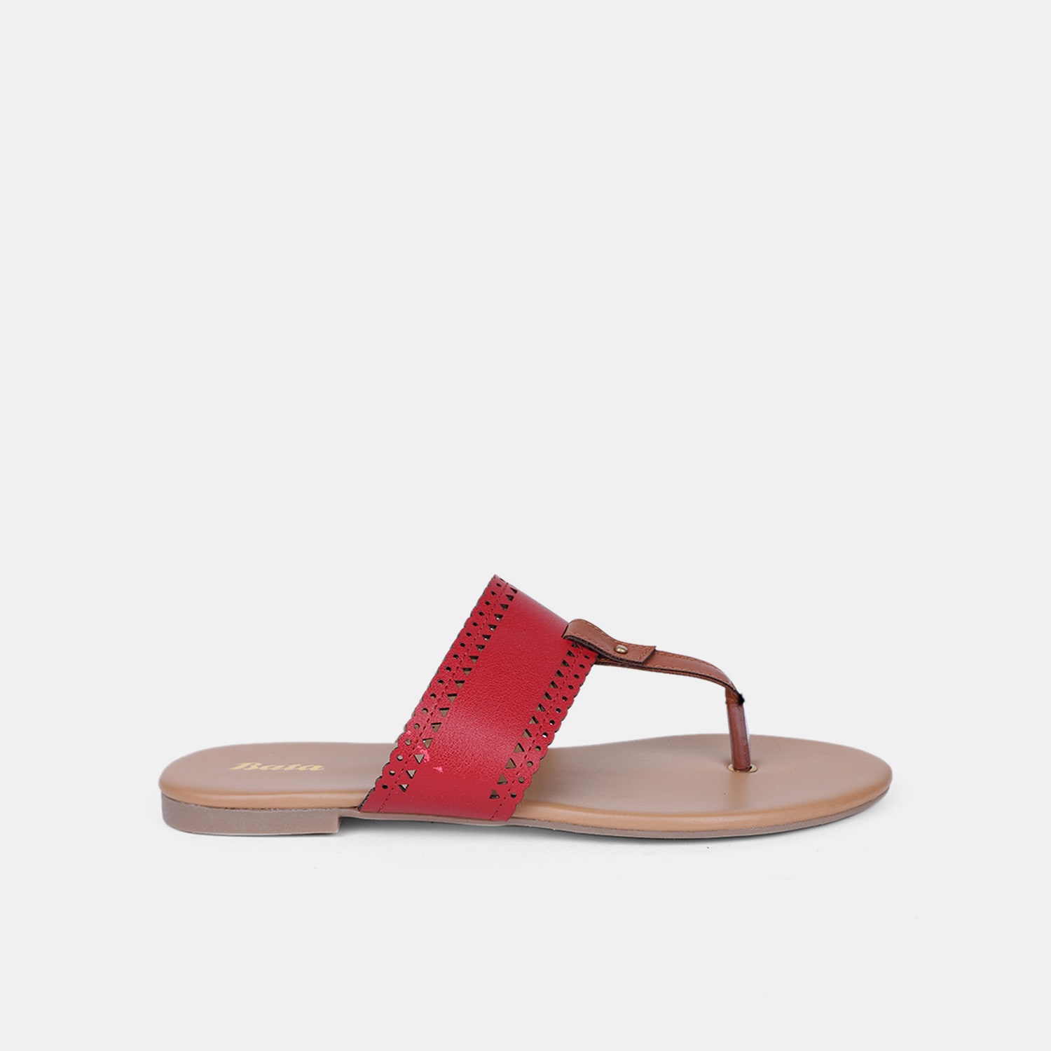 Bata red t-strap flat slippers for women