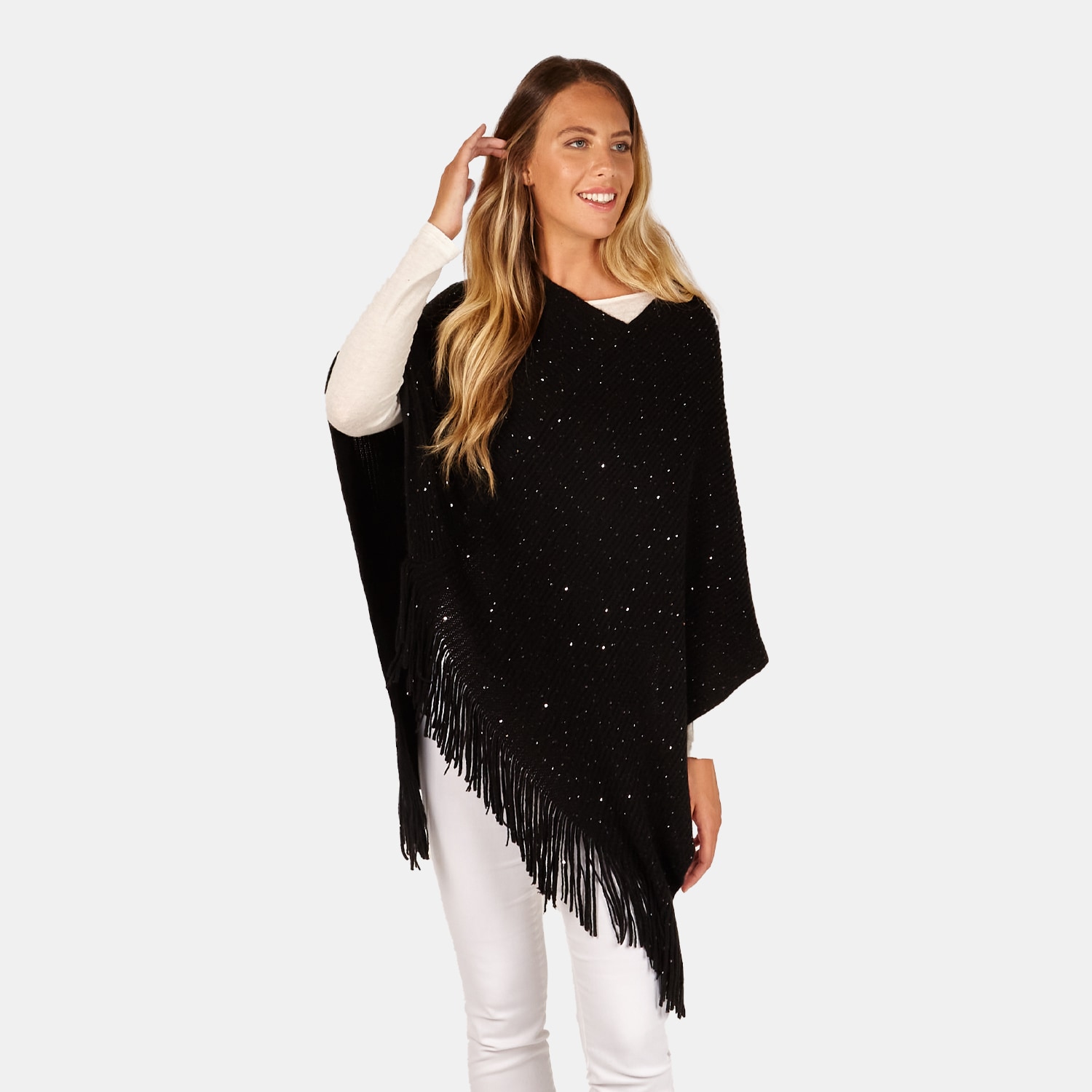Poncho con micro strass e frange